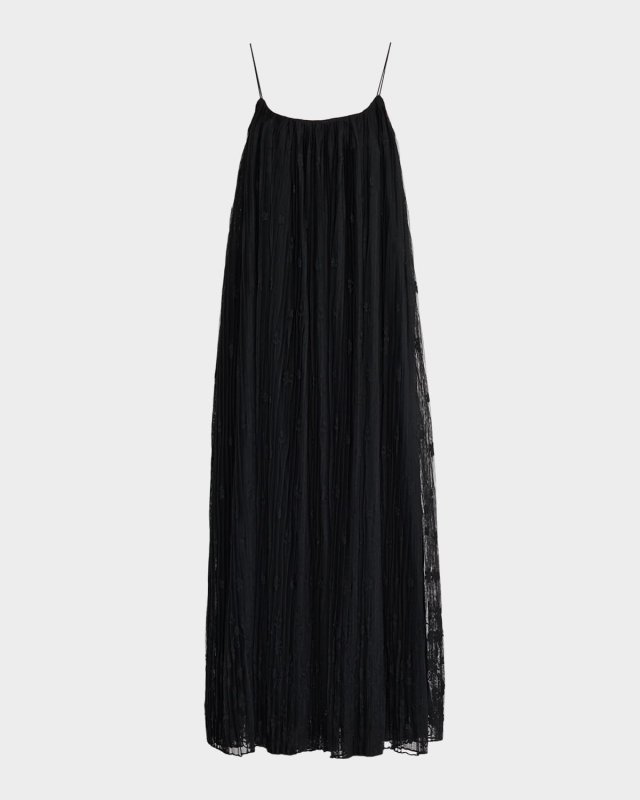 Floral Embroidered Plisse Tulle Maxi Dress